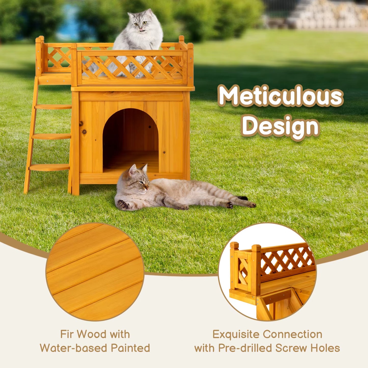2-Story Wooden Feral Cat House Dog House for Outdoor and Indoor, Pet House with Stairs, Yellow Dog Crate Dogs Pool Tent Outdoor