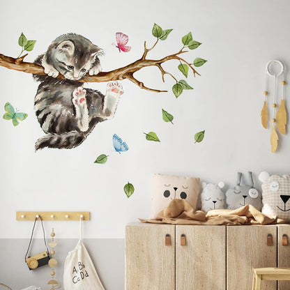 Cat on Tree Branches Wall Decals Stickers, Kitty Animal Nursery Decor, Green Leaves Baby Kids Bedroom Home Decorations Art