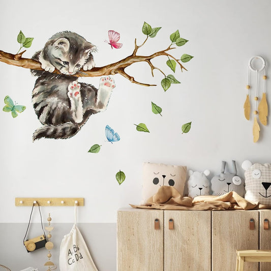 Cat on Tree Branches Wall Decals Stickers, Kitty Animal Nursery Decor, Green Leaves Baby Kids Bedroom Home Decorations Art