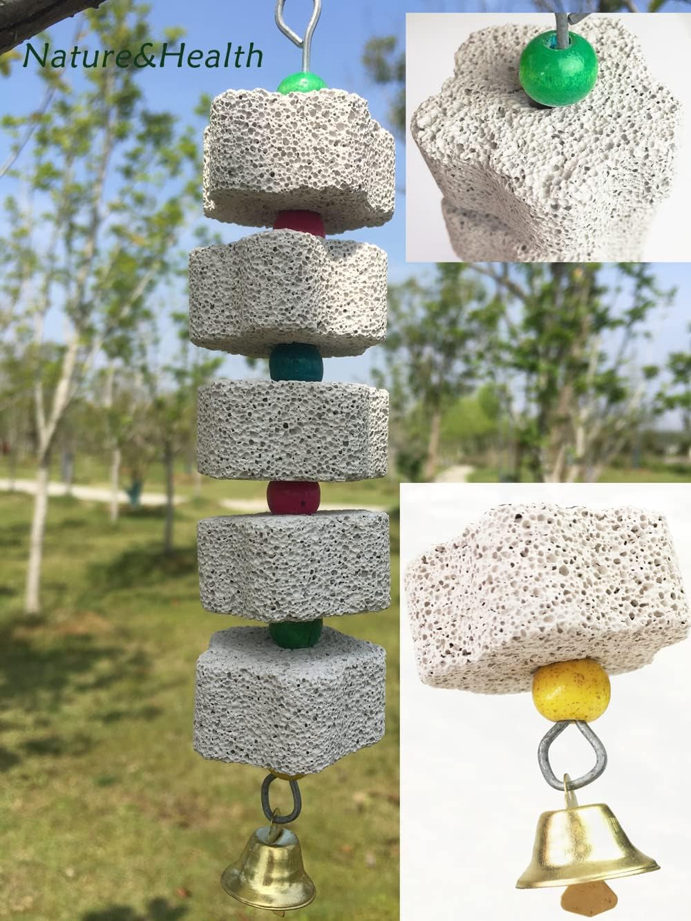 2Pcs Parrot Chewing Toy, Bird Beak Grinding Stone Toys with Bell, Lava Block Calcium Supplement Food for African Greys Amazon Conure Eclectus Budgies Parakeet Cockatiel Hamster Chinchilla