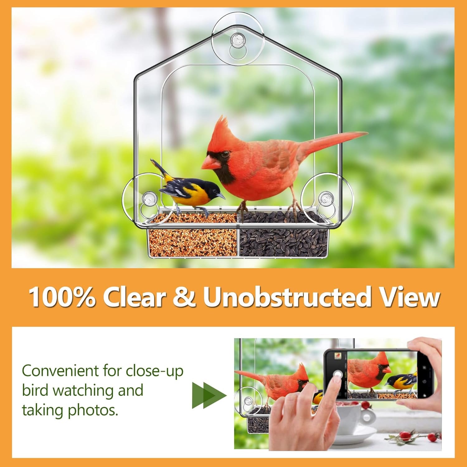 All One Piece Window Bird Feeder with Strongest Suction Cups, All One Piece No Glue, Lift-Out Tray with Drainage Holes, Large Enough for Larger Birds like Cardinal or Mocking Birds, Clear
