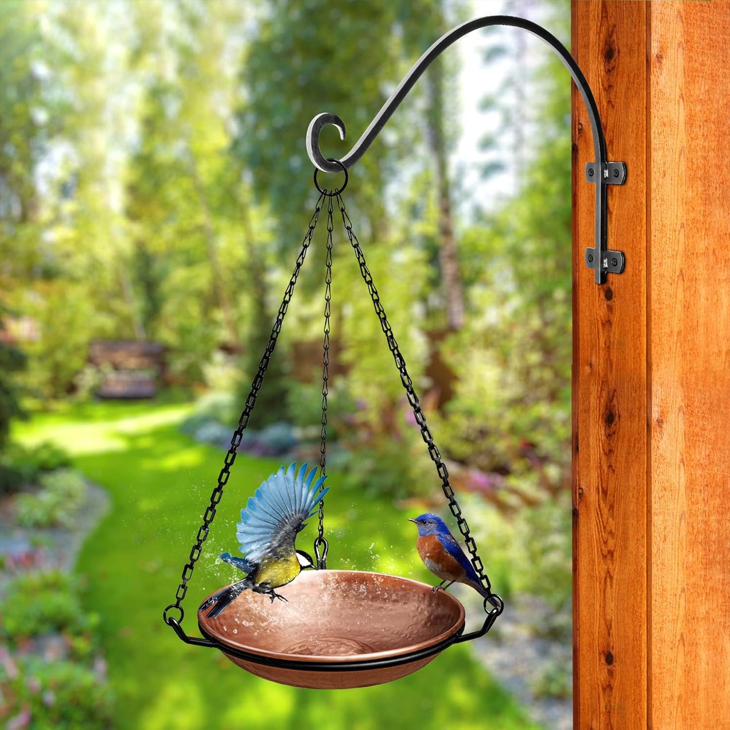 Pure Copper Hand Hammered Hanging Bird Bath and Feeder W/Iron Chain, 17-Inch Detachable Iron Chain Outdoor Birdbath and Birdfeeder for Garden Backyard Patio & Deck, Bird Water Feeder