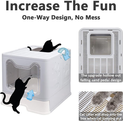 Foldable Cat Litter Box with Lid, Enclosed Potty, Large Top Entry Anti-Splashing Toilet, Easy to Clean Including Litter Scoop and 2-In-1 Cleaning Brush (Grey)