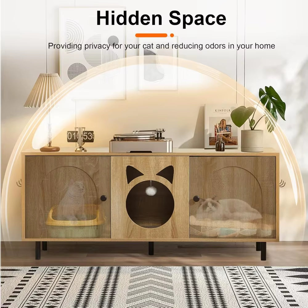 Large Cat Litter Box Enclosure for 2 Cats,Hidden Enclosed Litter Box Furniture with Scratching Mat & Cat Bell,Cat Litter Box Ca