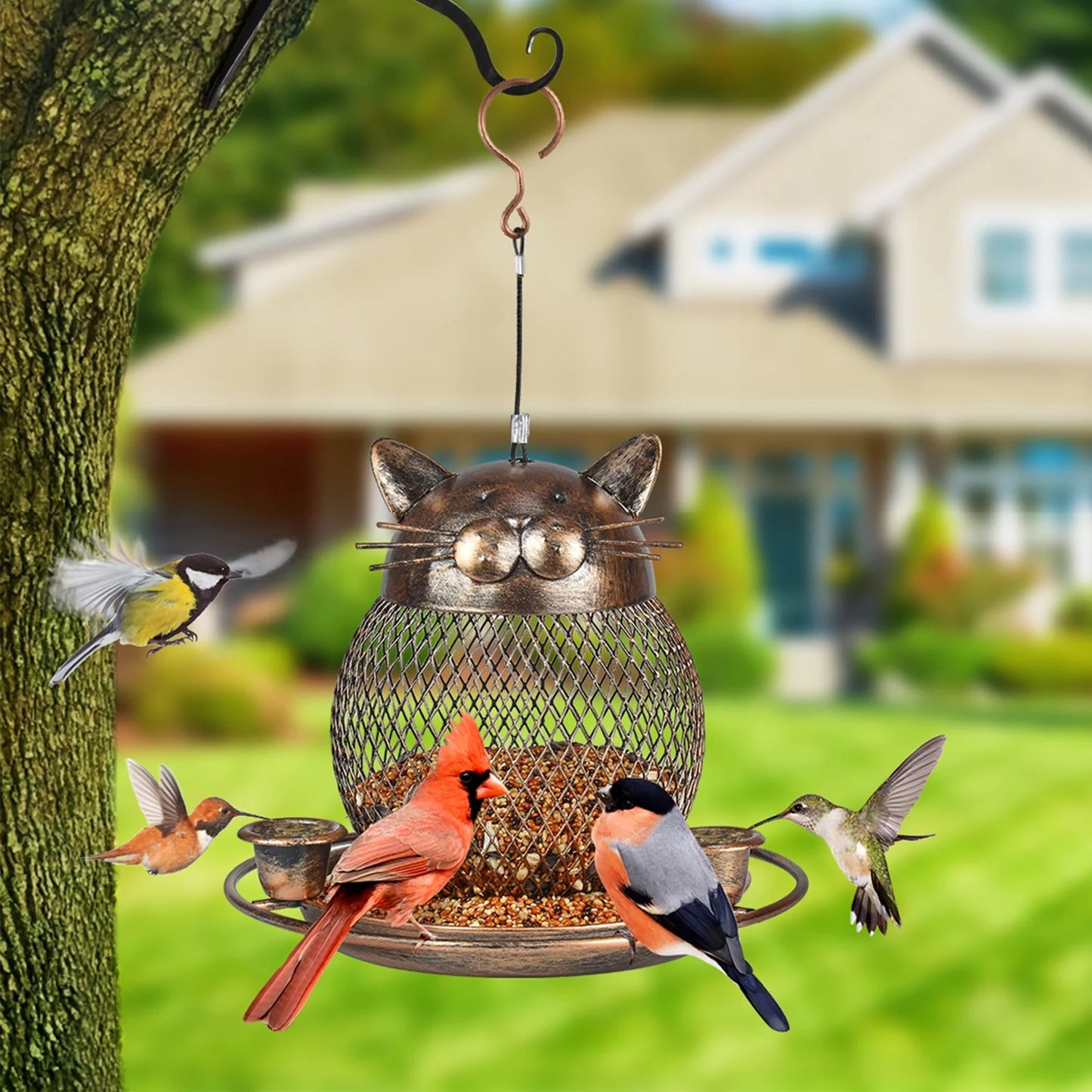 Squirrel Proof Bird Feeders, Upgraded Cute Cat Shaped Bird Feeder, Heavy Duty Copper Wild Bird Feeder with Hook for Outdoor Hanging, Garden Yard outside Decoration, 2Lbs Capacity