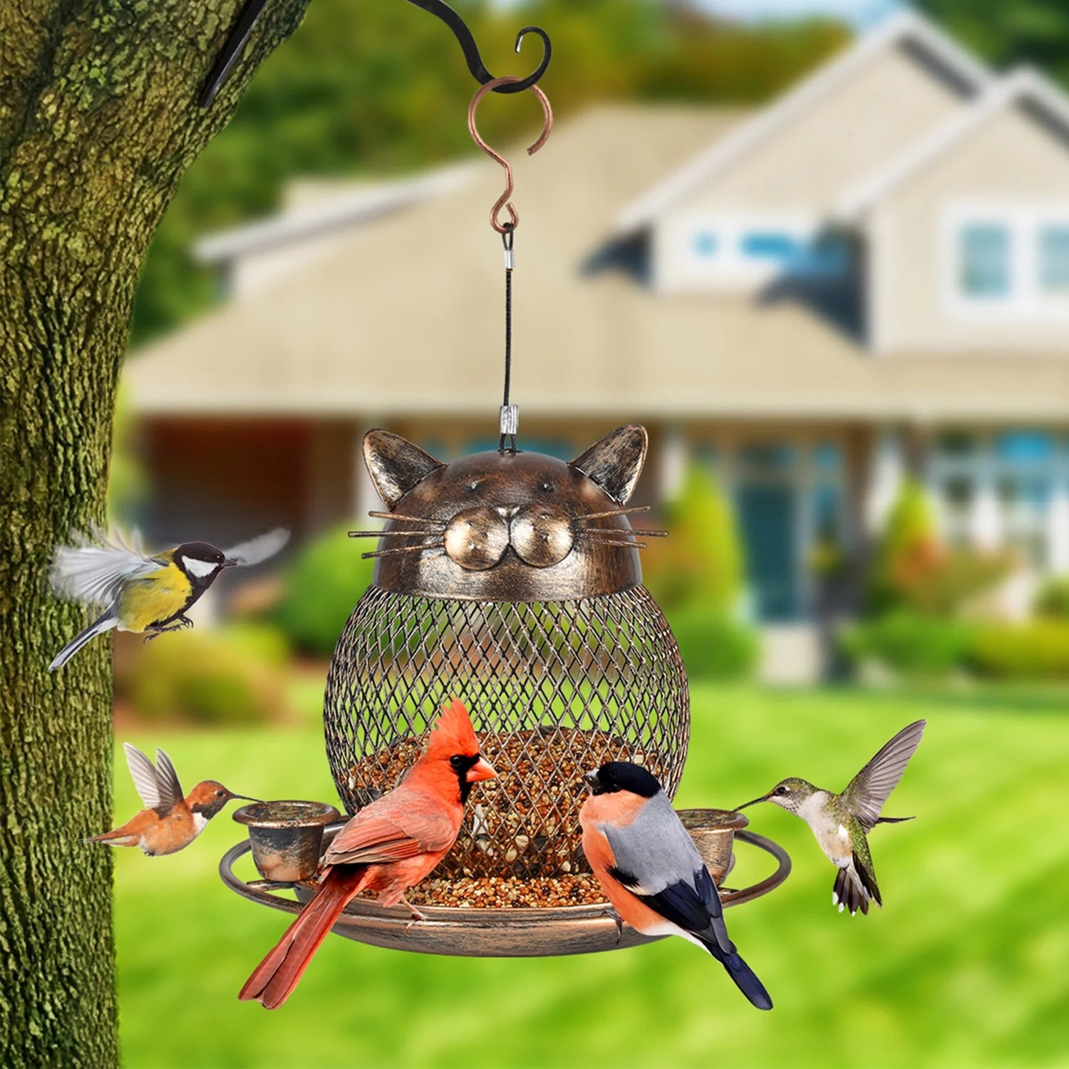 Squirrel Proof Bird Feeders, Upgraded Cute Cat Shaped Bird Feeder, Heavy Duty Copper Wild Bird Feeder with Hook for Outdoor Hanging, Garden Yard outside Decoration, 2Lbs Capacity