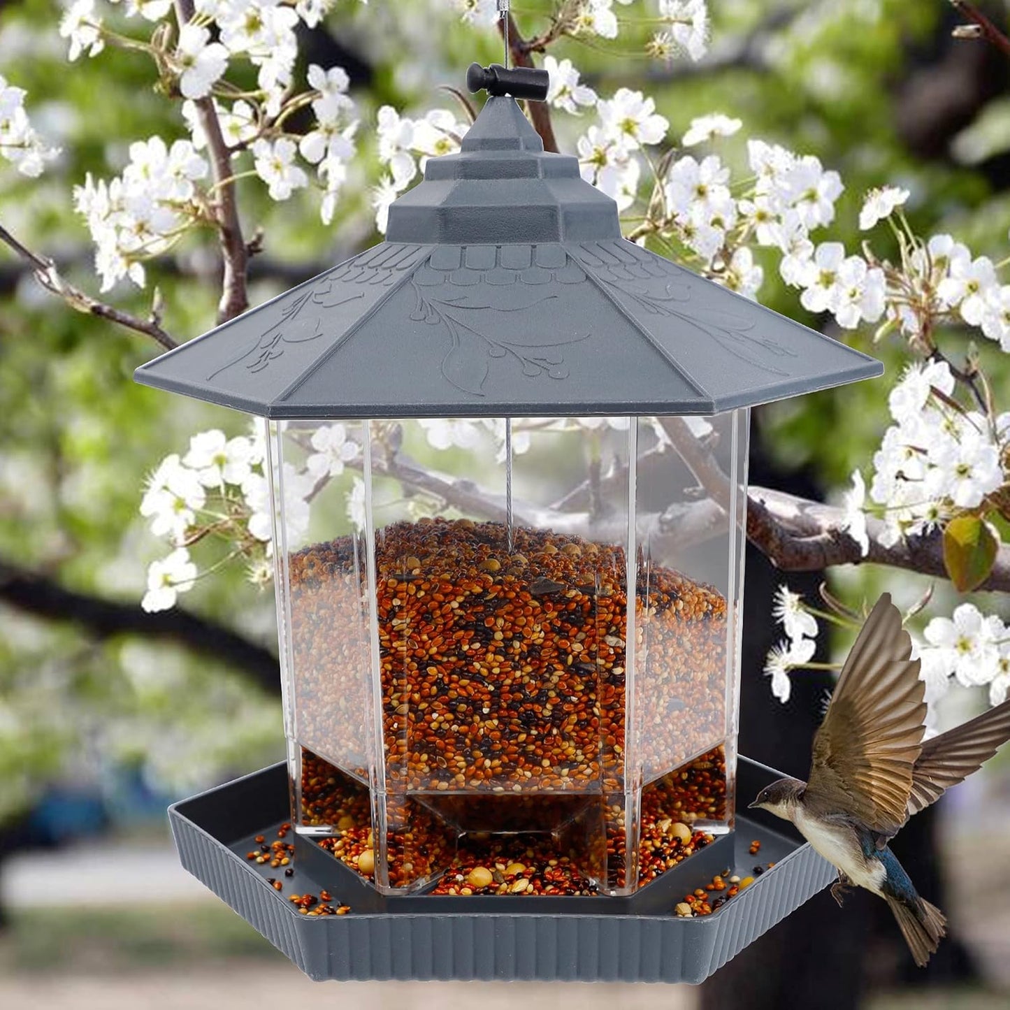 Wild Bird Feeder Hanging for Garden Yard outside Decoration, Hexagon Shaped outside Hanging Bird Feeders for Outdoors Squirrel Proof, Cardinal Bird Feeder (Light Grey)