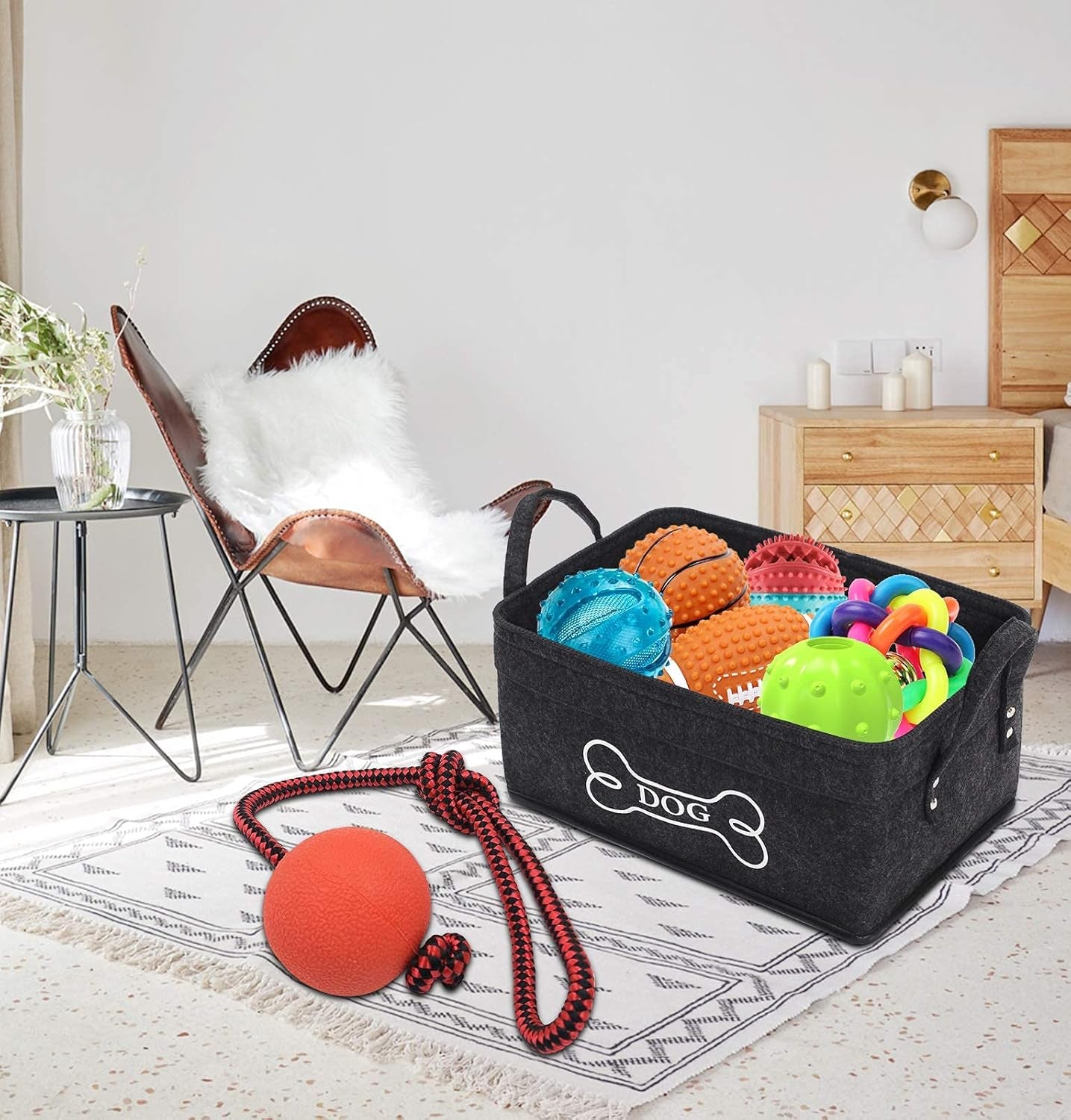 Dog Toy Basket Storage Dog Toy Bin in Felt Pet Toy Boxes Organizer - Perfect for Collecting Pet Toys, Blankets Leashes Dry Food Treats Bone - Dark Gray