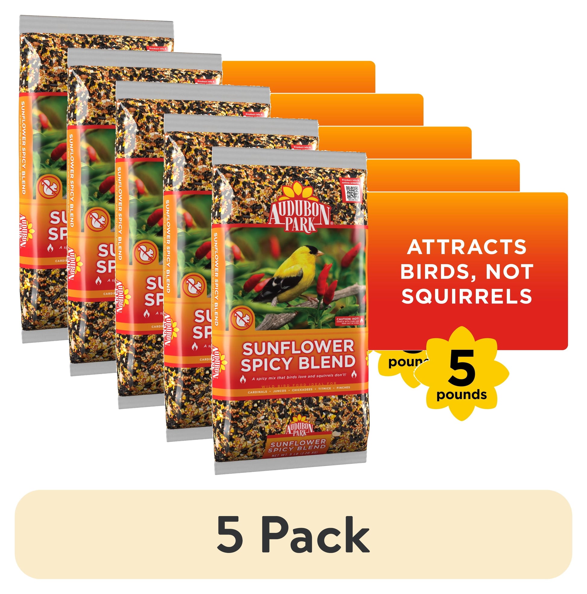 (5 Pack)  Sunflower Spicy Blend Wild Bird Food, Dry, 1 Count per Pack, 5 Lb. Bag