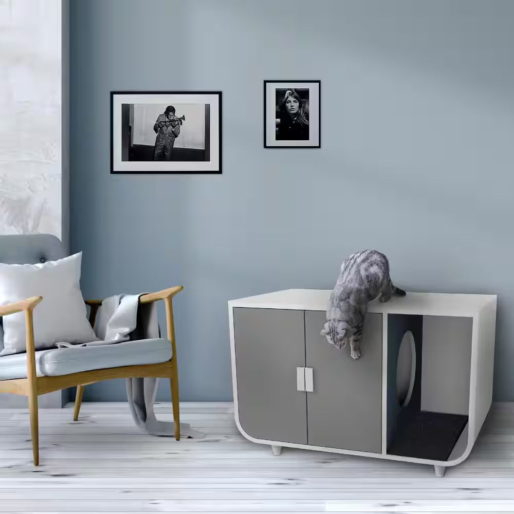 Large Dyad Wooden Cat Litter Box Enclosure and Side Table, Alpine White/Gray