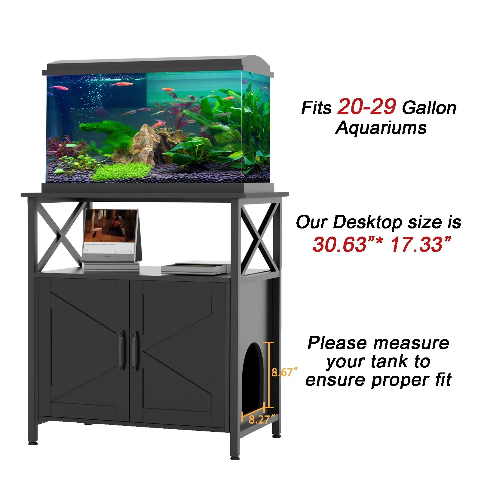 20-29 Gallon Fish Tank Stand, Aquarium Stand with Cat Litter Box Enclosure, Black