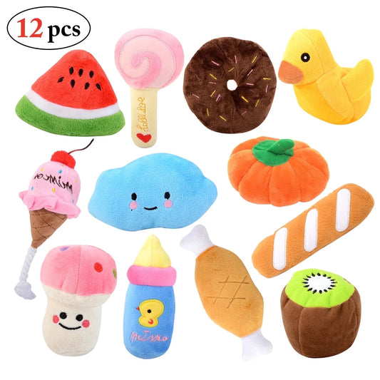 12PCS Dog Squeaky Toys Cute Cartoon Dog Teething Toy Pet Plush Toy for Puppies