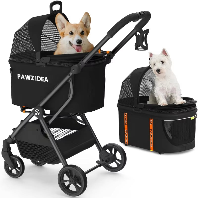Pet Stroller 4 in 1, Dog Strollers for Small/Medium Dogs/Cats with Detachable Carrier No-Zip Canopy, Seatbelt Puppy Car