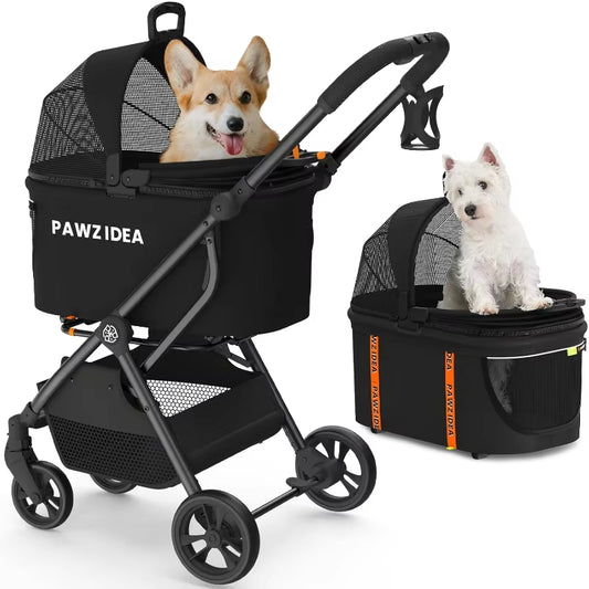 Pet Stroller 4 in 1, Dog Strollers for Small/Medium Dogs/Cats with Detachable Carrier No-Zip Canopy, Seatbelt Puppy Car