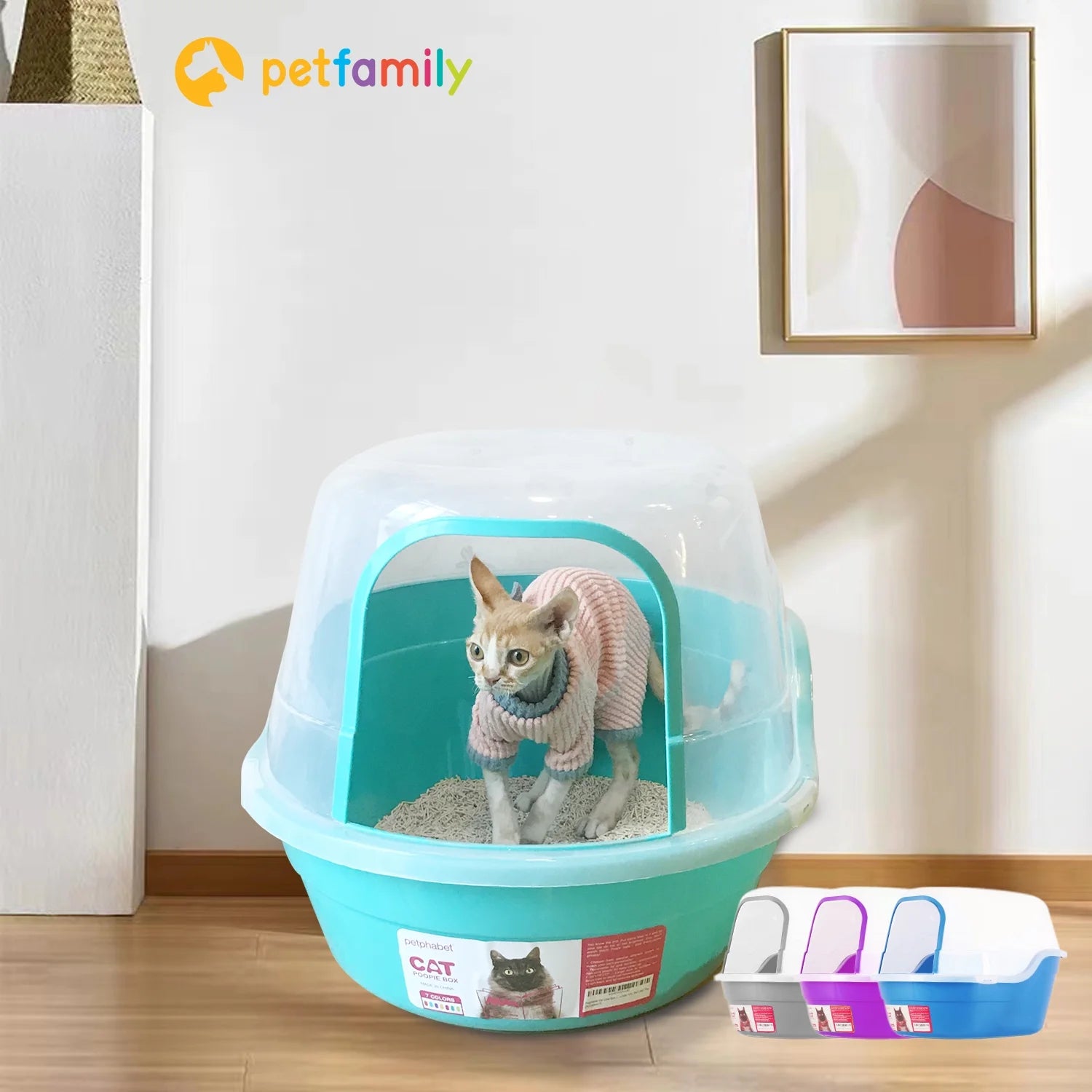 Extra Large Cat Litter Box, Color Teal, Jumbo Hooded, 24.8 X 20 X 16.5 In