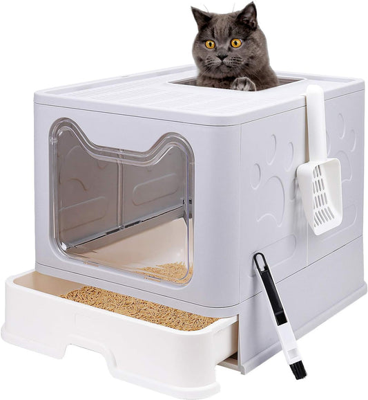 Foldable Cat Litter Box with Lid, Enclosed Potty, Large Top Entry Anti-Splashing Toilet, Easy to Clean Including Litter Scoop and 2-In-1 Cleaning Brush (Grey)