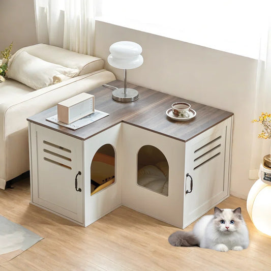 Farmhouse Corner Cat Double Litter Box & Litter Box Cabinet with Double Room & Indoor Cat House End Table & Hidden Cat Litter Box