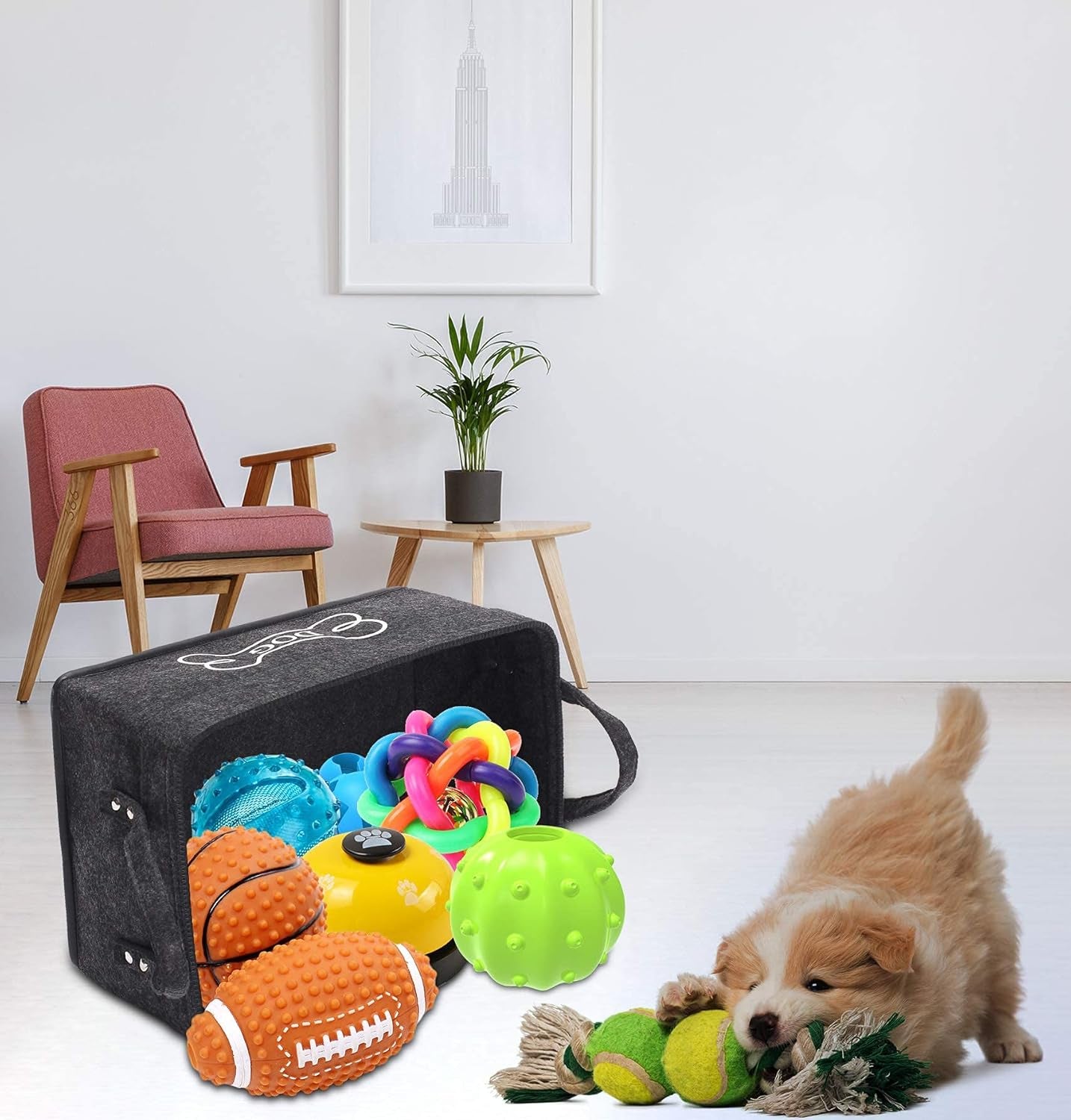 Dog Toy Basket Storage Dog Toy Bin in Felt Pet Toy Boxes Organizer - Perfect for Collecting Pet Toys, Blankets Leashes Dry Food Treats Bone - Dark Gray