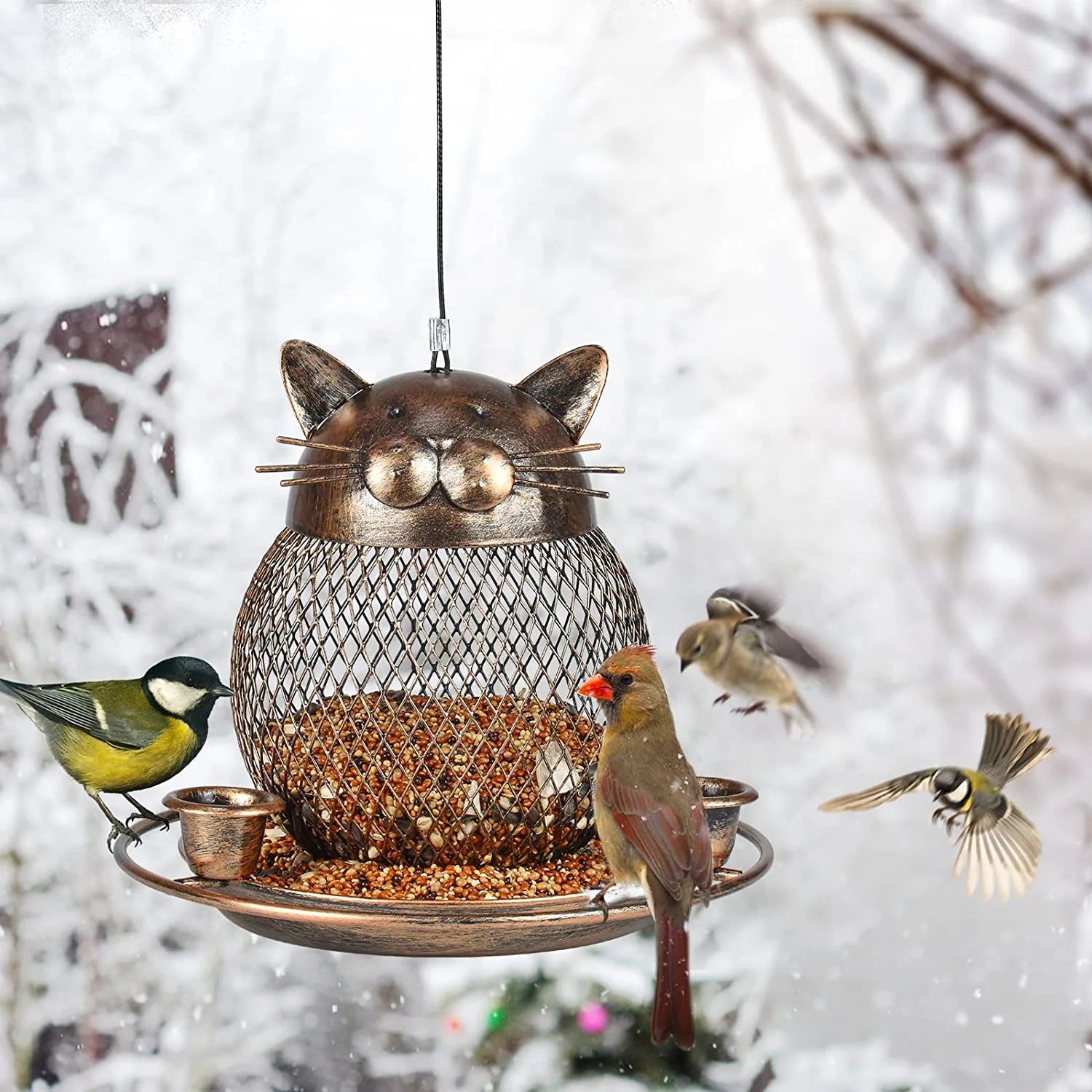 Squirrel Proof Bird Feeders, Upgraded Cute Cat Shaped Bird Feeder, Heavy Duty Copper Wild Bird Feeder with Hook for Outdoor Hanging, Garden Yard outside Decoration, 2Lbs Capacity