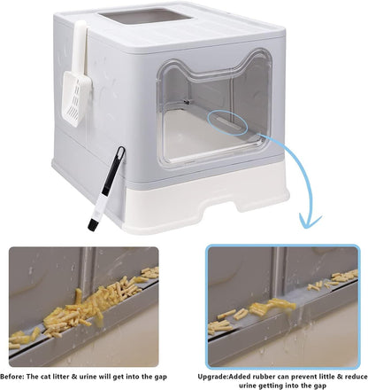 Foldable Cat Litter Box with Lid, Enclosed Potty, Large Top Entry Anti-Splashing Toilet, Easy to Clean Including Litter Scoop and 2-In-1 Cleaning Brush (Grey)