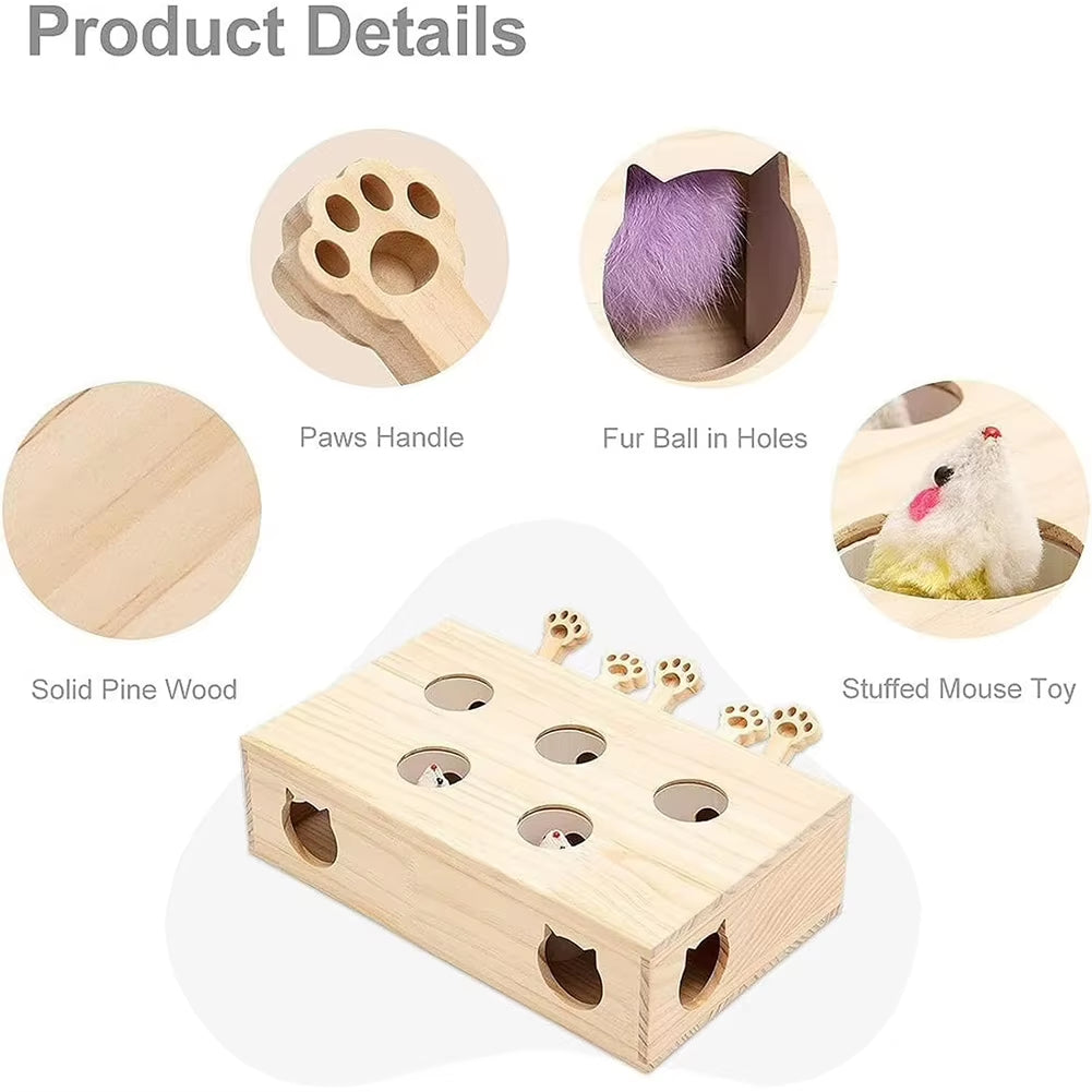 Cats Whack a Mole Game Cat Pop up Toy 3/5-Holed Whack a Mole Cat Toy Funny Solid Wood Cat Toy Interactive Pet Supplies