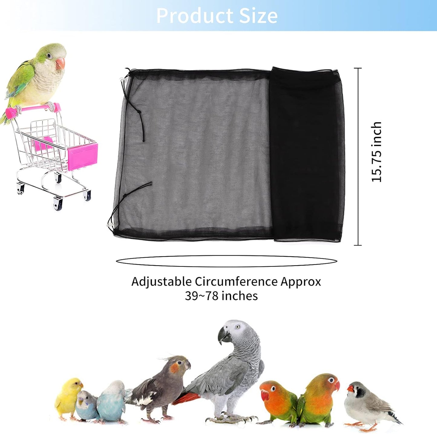 Universal Bird Cage Cover, Adjustable Parrot Nylon Airy Soft Mesh Net, Seed Feather Catcher, Birdcage Cover Skirt Sheer Guard for Parakeet Macaw round Square Cages (Black)