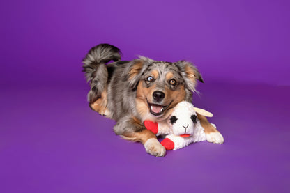 Plush Lamb Chop Squeaky Dog Toy, White with Red Paws, 10.5"