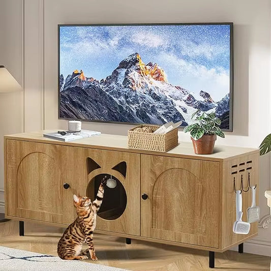 Large Cat Litter Box Enclosure for 2 Cats,Hidden Enclosed Litter Box Furniture with Scratching Mat & Cat Bell,Cat Litter Box Ca