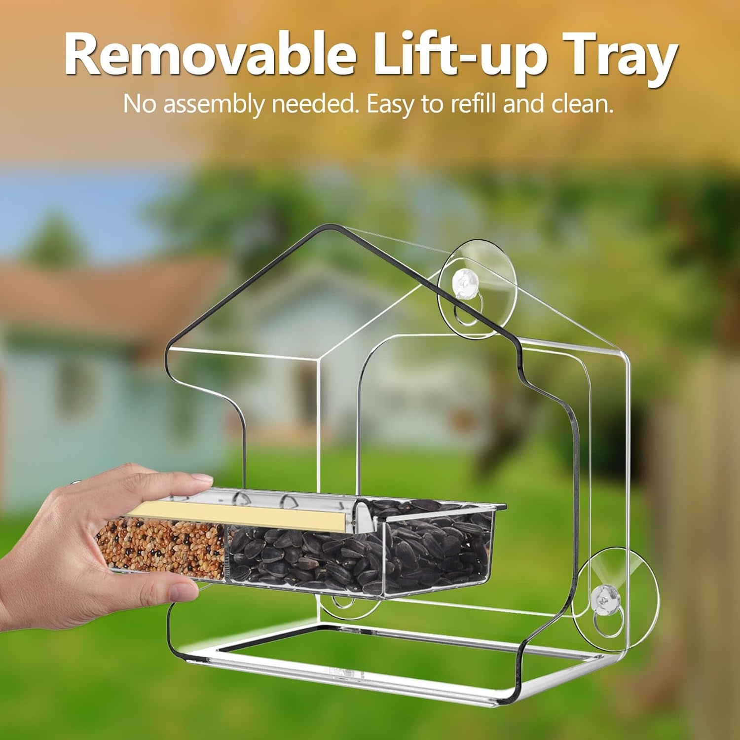 All One Piece Window Bird Feeder with Strongest Suction Cups, All One Piece No Glue, Lift-Out Tray with Drainage Holes, Large Enough for Larger Birds like Cardinal or Mocking Birds, Clear