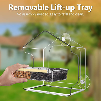All One Piece Window Bird Feeder with Strongest Suction Cups, All One Piece No Glue, Lift-Out Tray with Drainage Holes, Large Enough for Larger Birds like Cardinal or Mocking Birds, Clear