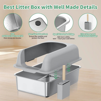 Stainless Steel Cat Litter Boxes with Lid High Wall Sides Enclosure for Small Mulit Big Cat