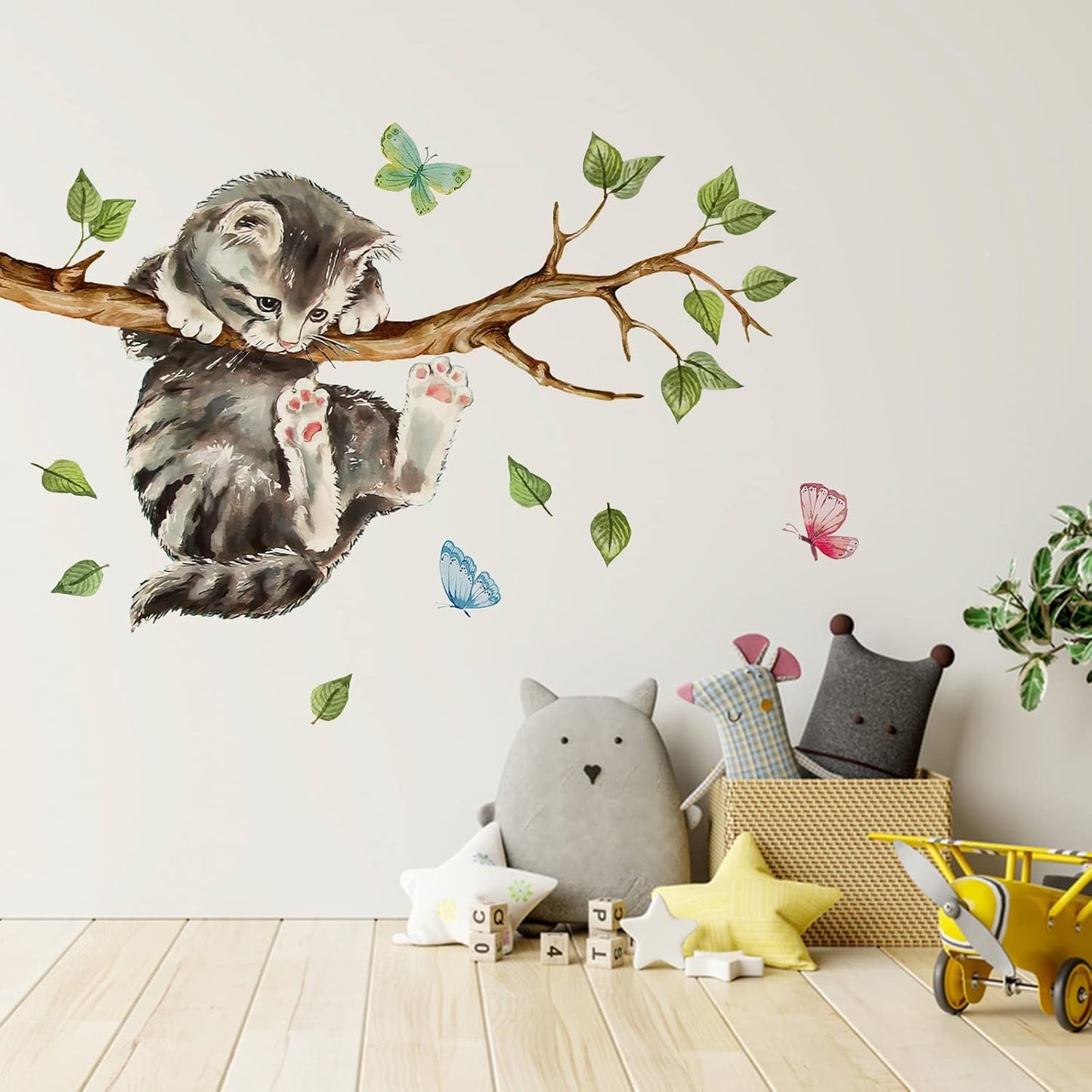 Cat on Tree Branches Wall Decals Stickers, Kitty Animal Nursery Decor, Green Leaves Baby Kids Bedroom Home Decorations Art