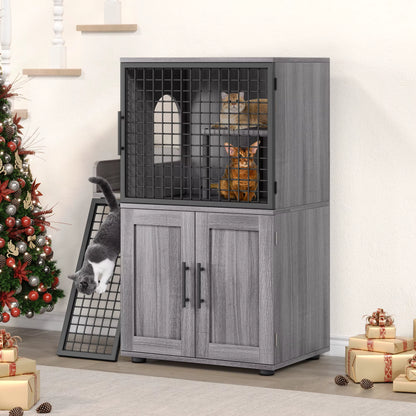 Cat Litter Box Enclosure with Platform, Double Layer Cat Litter Hidden Furniture, Modern Villa Cat Cabinet with Ladder for Cat