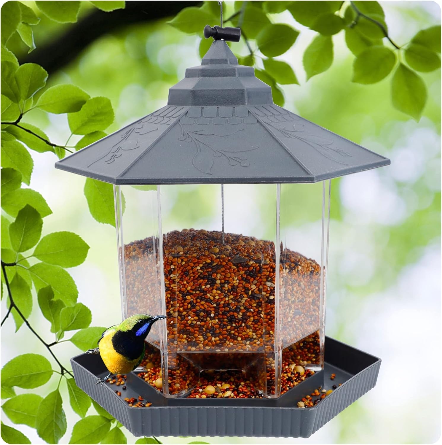 Wild Bird Feeder Hanging for Garden Yard outside Decoration, Hexagon Shaped outside Hanging Bird Feeders for Outdoors Squirrel Proof, Cardinal Bird Feeder (Light Grey)