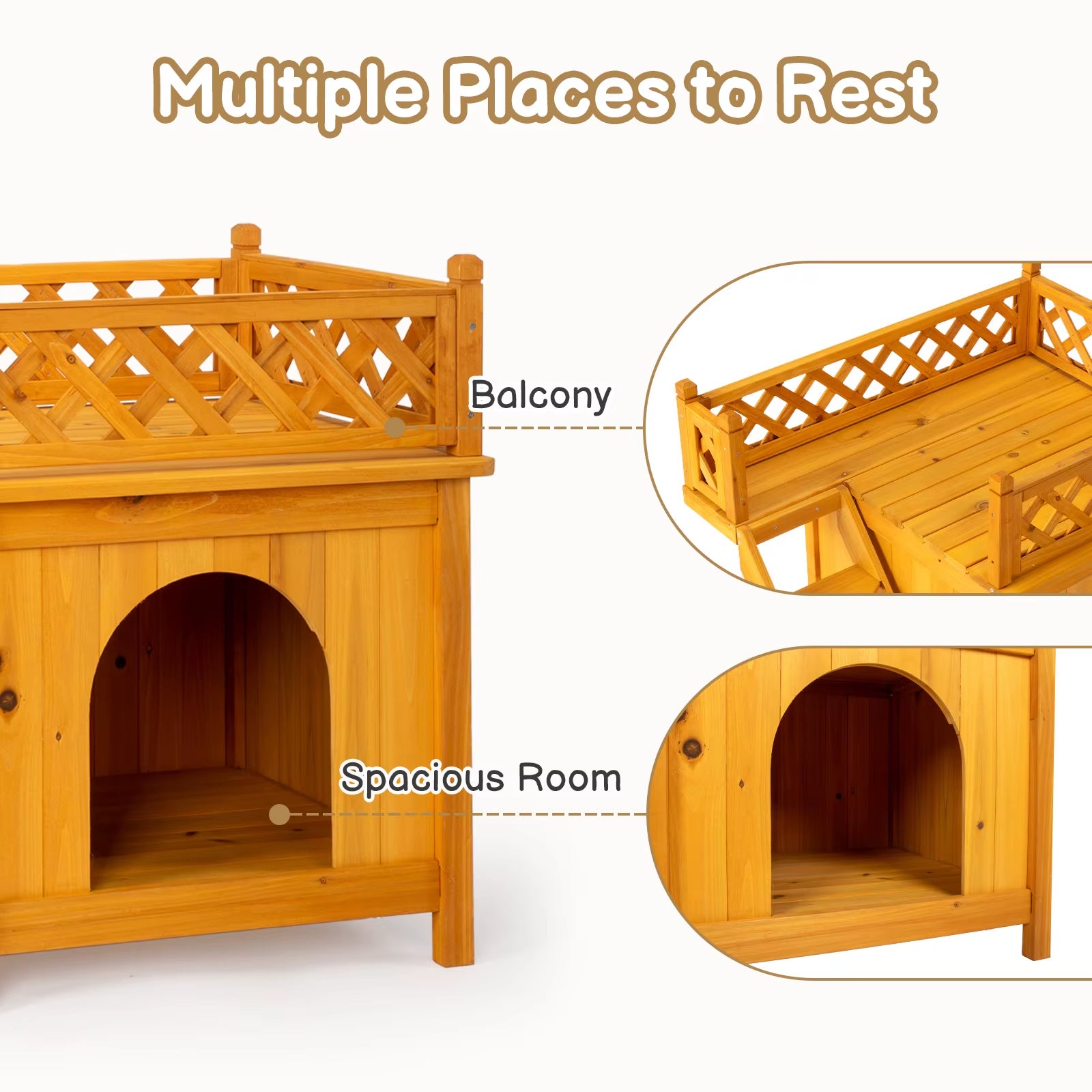 2-Story Wooden Feral Cat House Dog House for Outdoor and Indoor, Pet House with Stairs, Yellow Dog Crate Dogs Pool Tent Outdoor