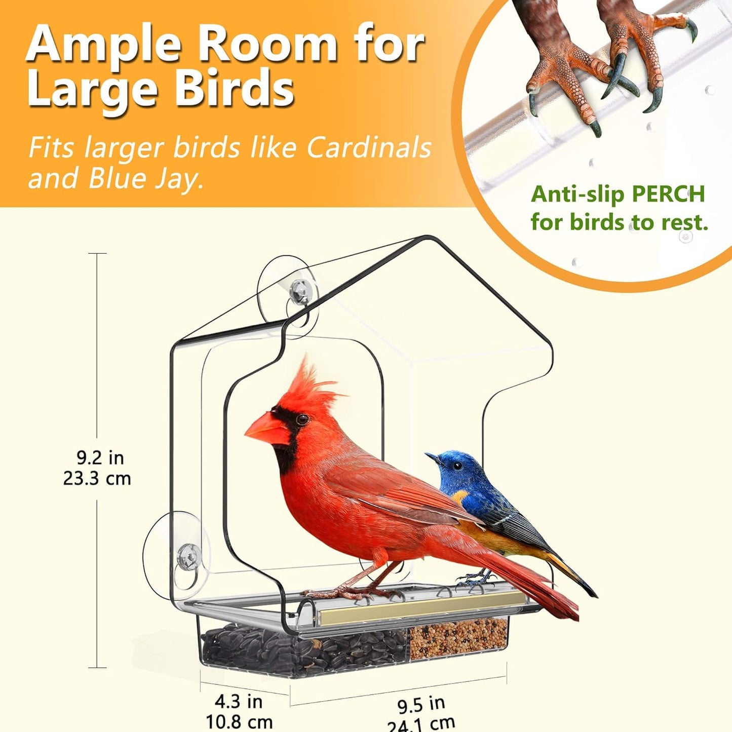 All One Piece Window Bird Feeder with Strongest Suction Cups, All One Piece No Glue, Lift-Out Tray with Drainage Holes, Large Enough for Larger Birds like Cardinal or Mocking Birds, Clear