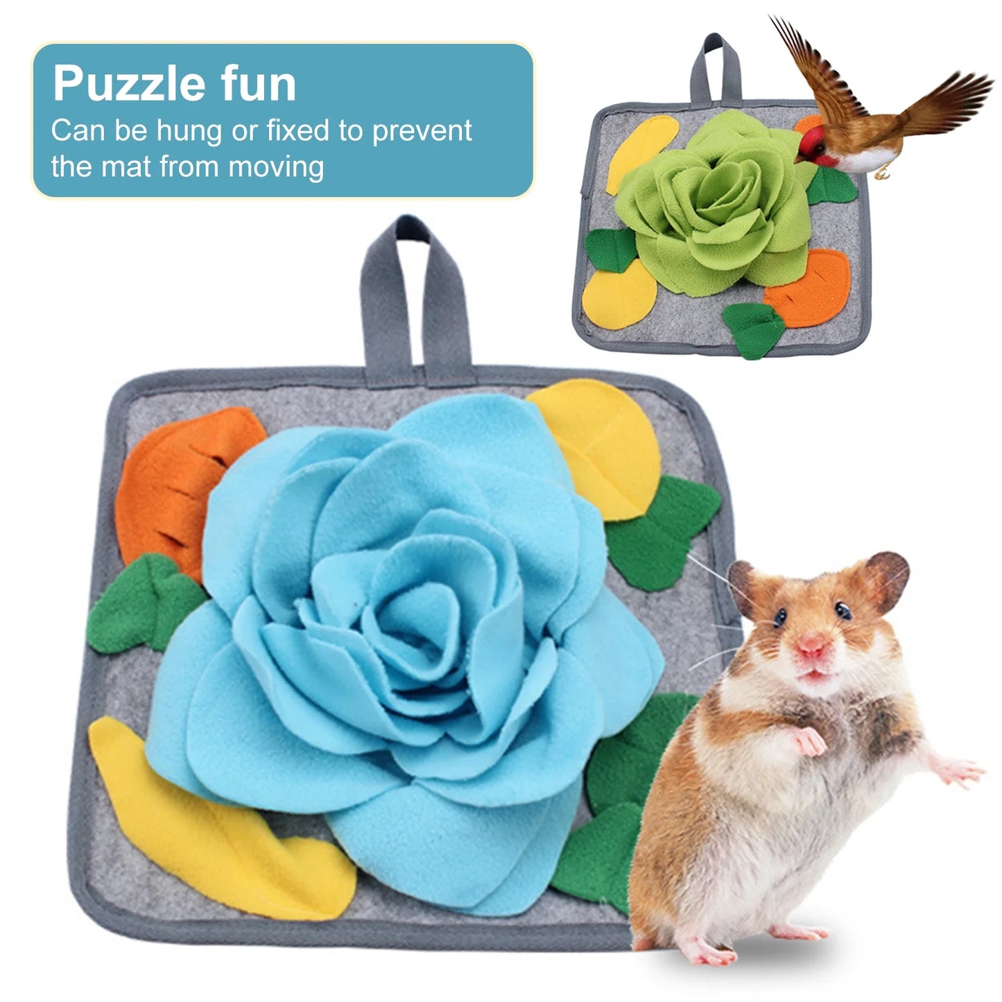 12 X 12 Rabbit Foraging Mat, Interactive Feed Game for Boredom, Flower Pattern Fleece Pet Snuffle Pad Bed Treat Dispenser for Rabbits Bunny Guinea Pigs Chinchillas Ferrets