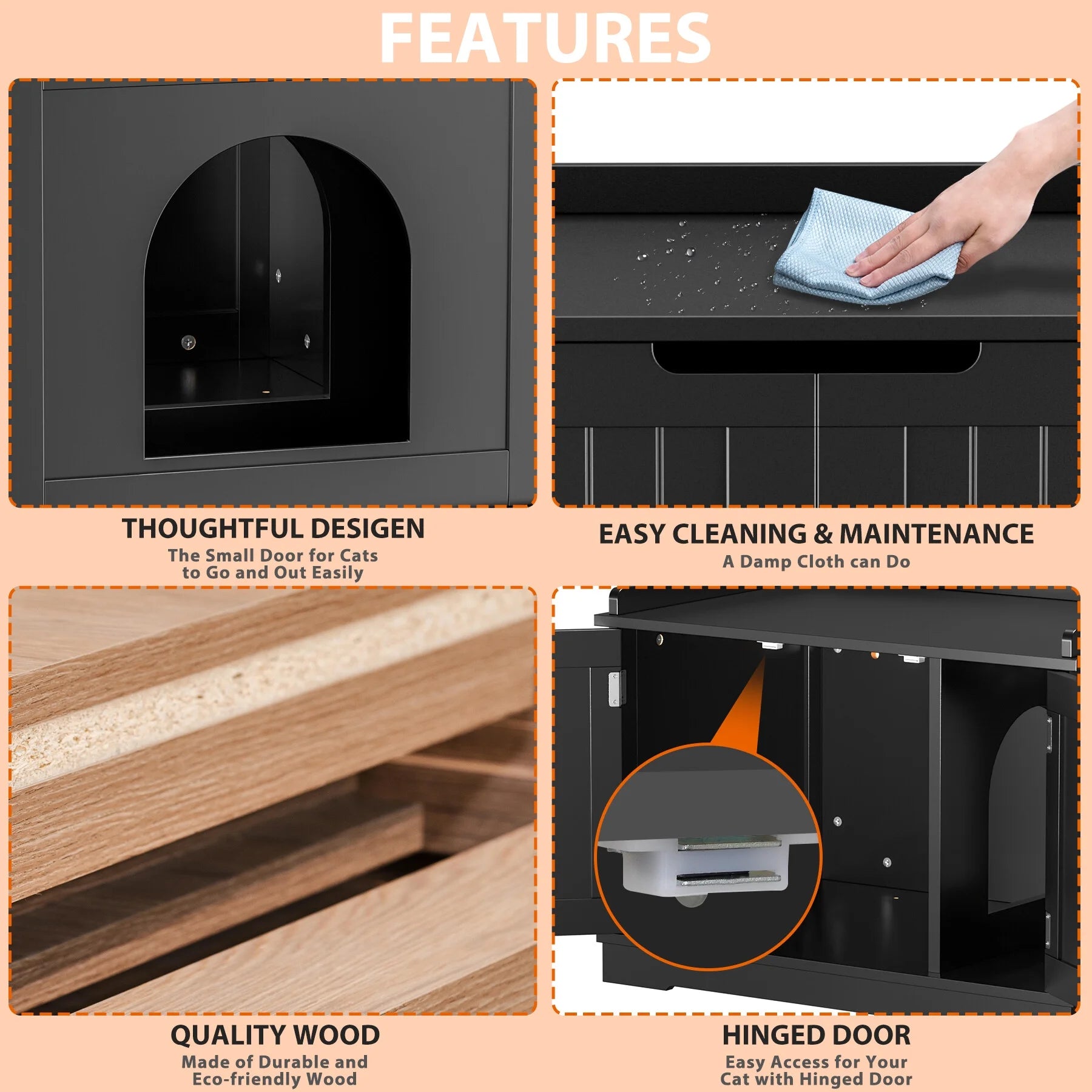 Multi-Functional Cat Washroom Bench Hidden Cat Litter Box Enclosure Furniture Black