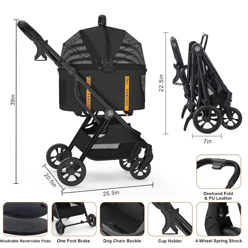 Pet Stroller 4 in 1, Dog Strollers for Small/Medium Dogs/Cats with Detachable Carrier No-Zip Canopy, Seatbelt Puppy Car