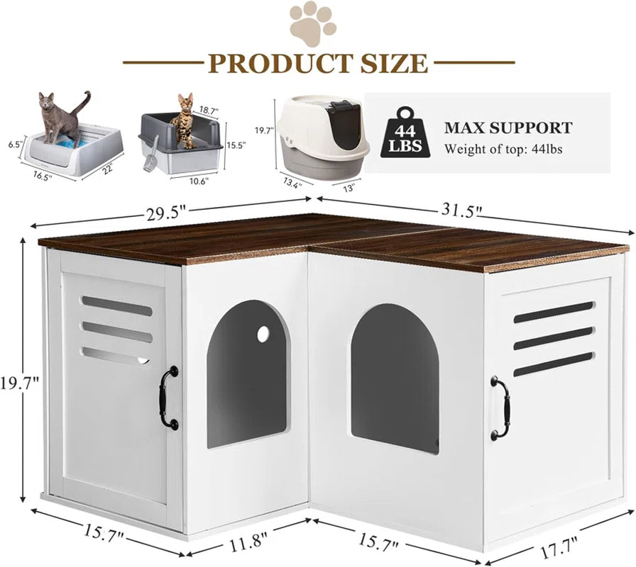 Farmhouse Corner Cat Double Litter Box & Litter Box Cabinet with Double Room & Indoor Cat House End Table & Hidden Cat Litter Box