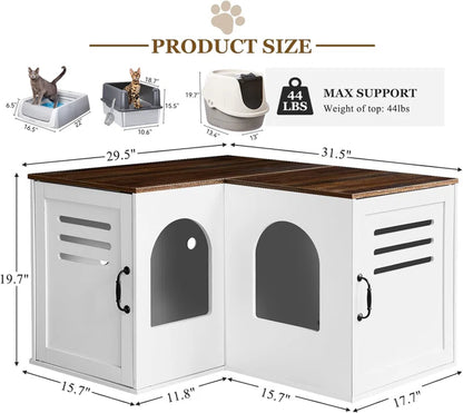 Farmhouse Corner Cat Double Litter Box & Litter Box Cabinet with Double Room & Indoor Cat House End Table & Hidden Cat Litter Box