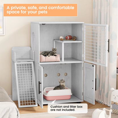 Cat Litter Box Enclosure with Platform, Double Layer Cat Litter Hidden Furniture, Modern Villa Cat Cabinet with Ladder for Cat