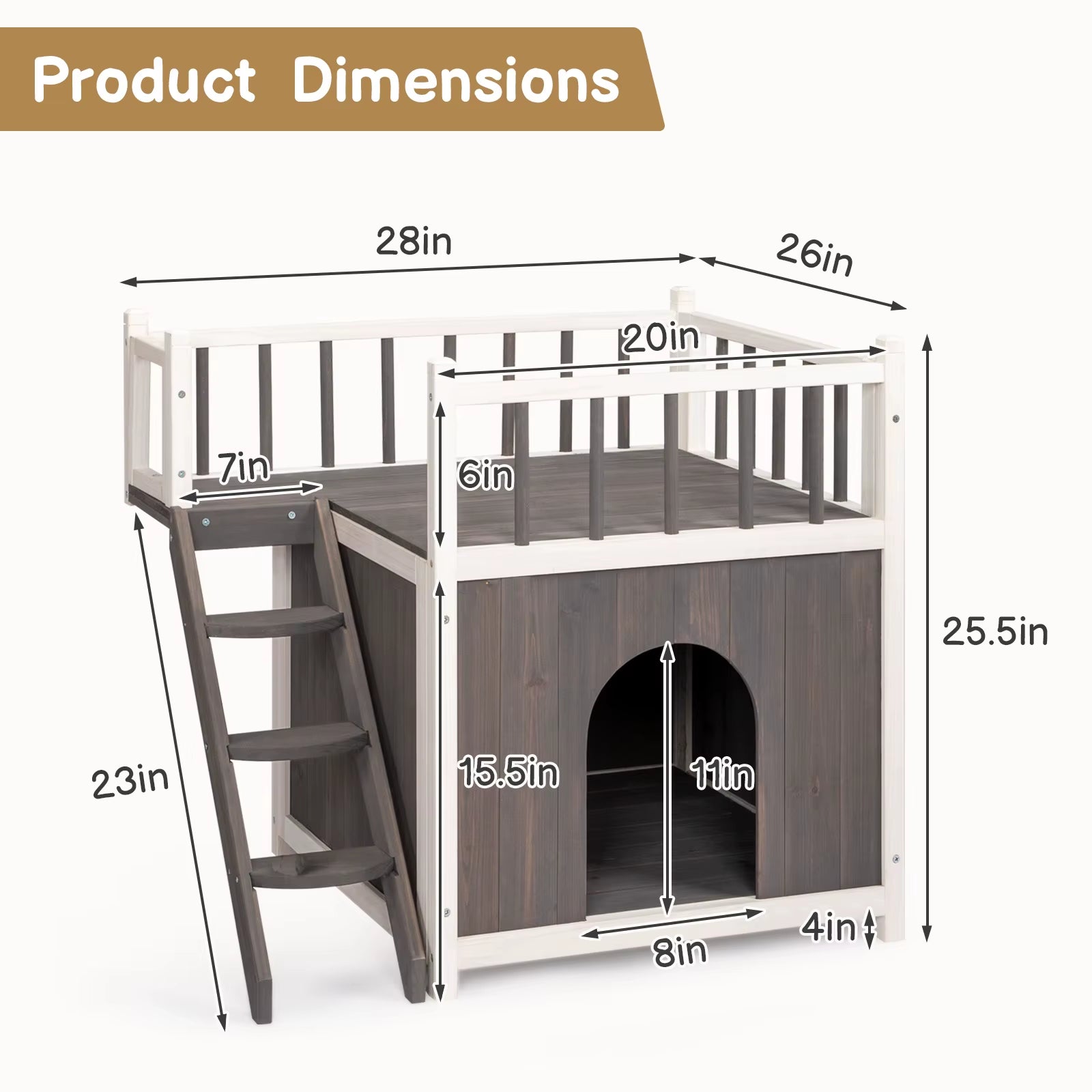 2-Story Wooden Feral Cat House Dog House for Outdoor and Indoor, Pet House with Stairs, Grey & White Large Cage Cat Villa Luxury