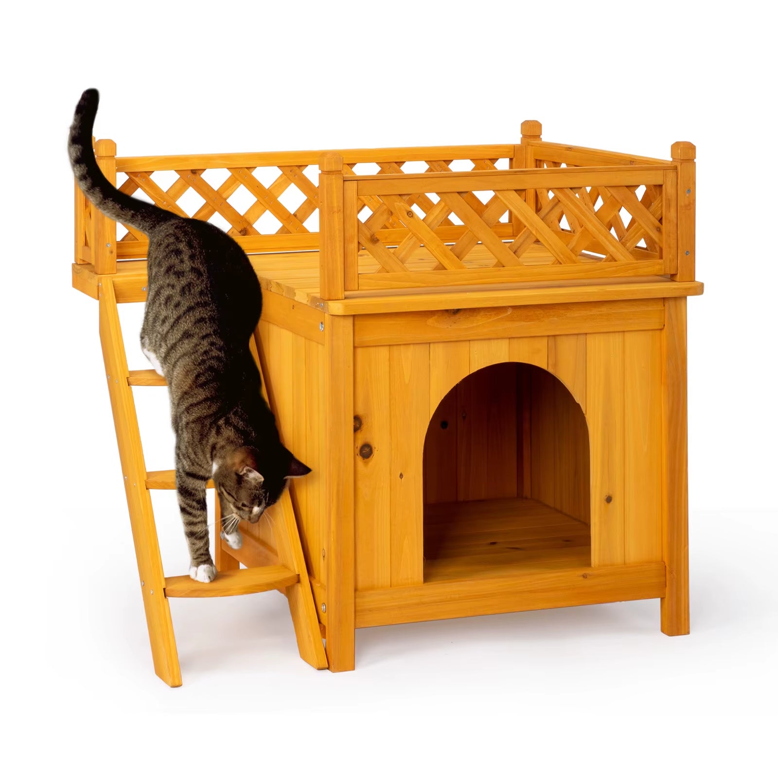 2-Story Wooden Feral Cat House Dog House for Outdoor and Indoor, Pet House with Stairs, Yellow Dog Crate Dogs Pool Tent Outdoor