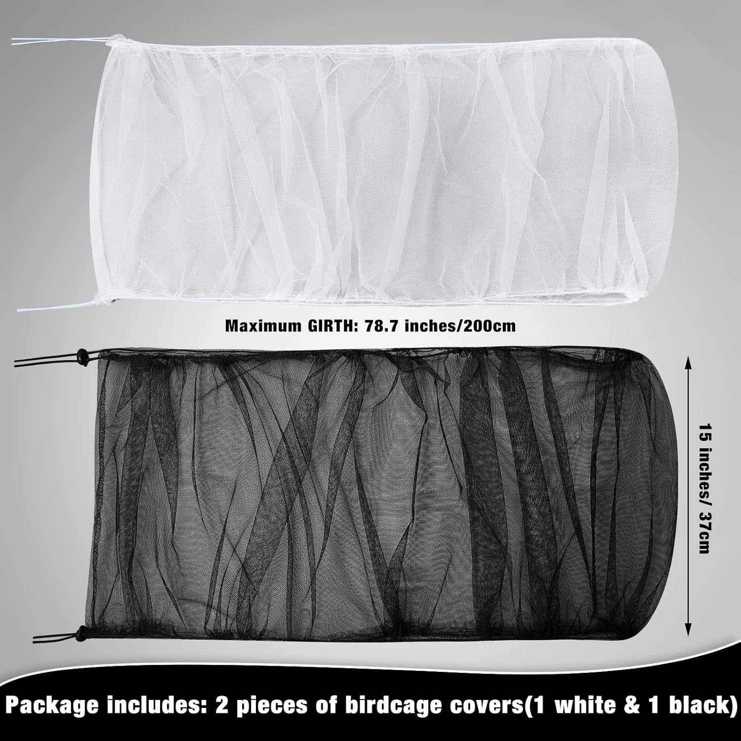 2 Pieces Adjustable Bird Cage Seed Catcher Birdcage Cover Nylon Mesh Netting Soft Skirt Guard for Parrot Parakeet Macaw round Square Cage(78 X 14.6 Inch in Circumference and Width,White, Black)