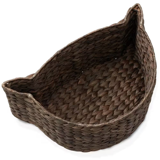 Brown Espresso 17.5 In. X 7 In. Wicker Hyacinth Cat Shaped Decorative Basket Storage Organizer Bin for Pet Toys