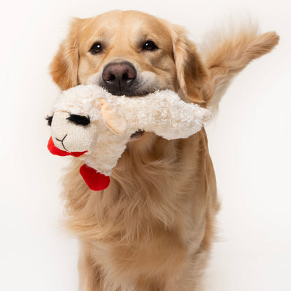 Plush Lamb Chop Squeaky Dog Toy, White with Red Paws, 10.5"