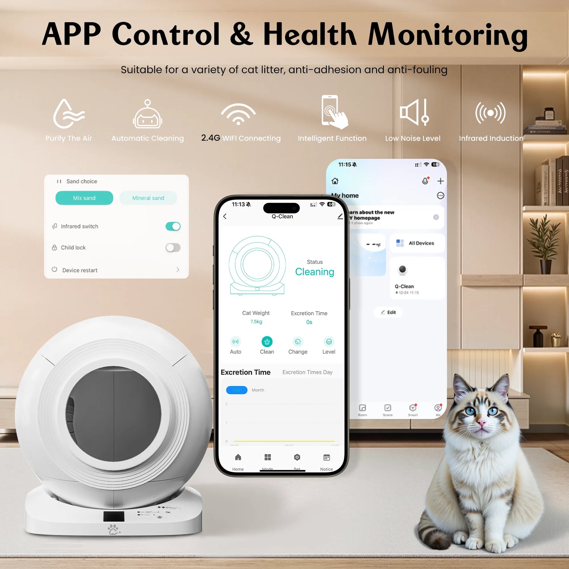 Self Cleaning Cat Litter Box, 65L XL Automatic Litter Box with APP Control, 120° Infrared Sensor Safety Protection & Odor Preventing, Multi-Cat Friendly