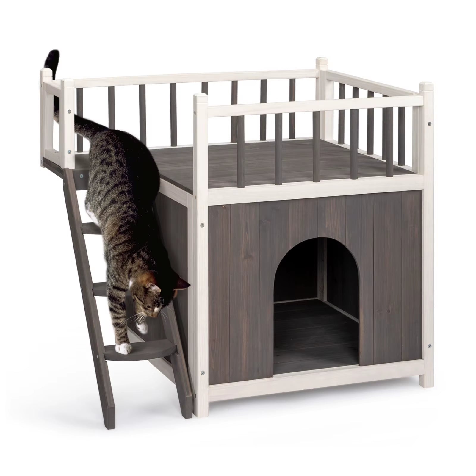 2-Story Wooden Feral Cat House Dog House for Outdoor and Indoor, Pet House with Stairs, Grey & White Large Cage Cat Villa Luxury