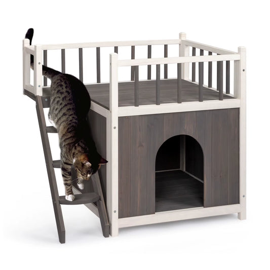 2-Story Wooden Feral Cat House Dog House for Outdoor and Indoor, Pet House with Stairs, Grey & White Large Cage Cat Villa Luxury